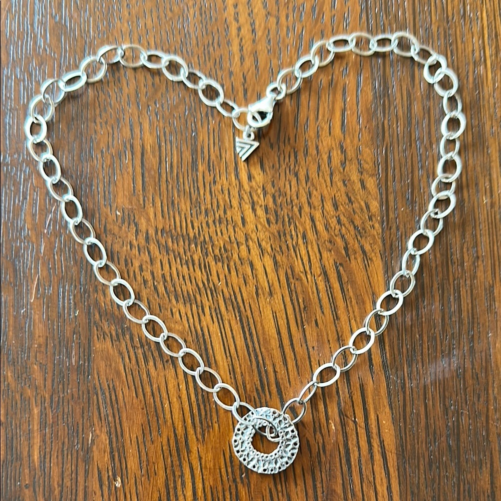 Stamped silver Silpada large link chain necklace w floating hammered pendant